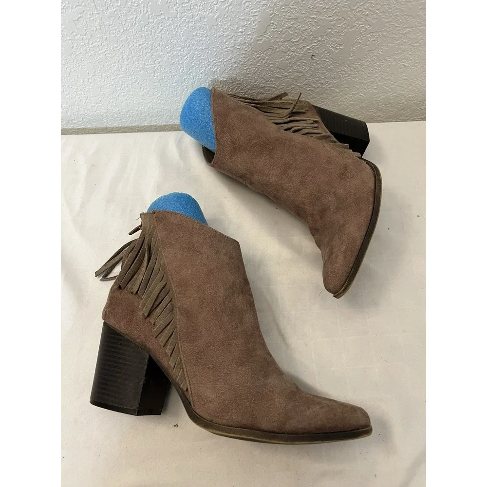 Boots Size 9.5 Tan Fringe Mossimo Suede Leather Ankle‎ Womens Boho Weatern 17730 - Picture 2 of 10